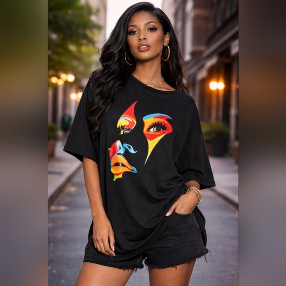 Xpluswear Tops - Graphic Black Tunic with Colorful Face Design Size 2x